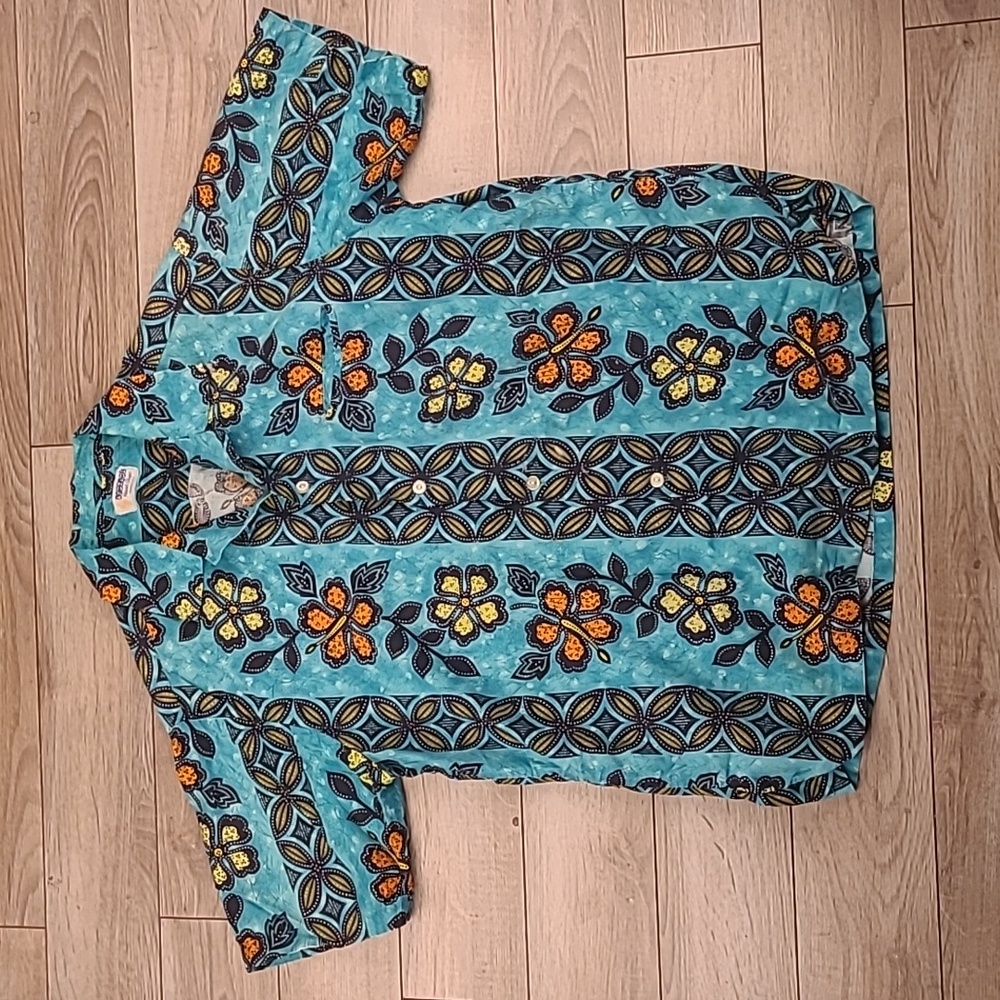 1960s 70s ANDRADE Floral Blue‎ Hawaiian Abstract Large Mens Button Up Shirt VTG